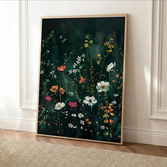 a vibrant and colorful painting of a lush garden scene, with a variety of flowers and plants in different shades of green, yellow, and orange.
