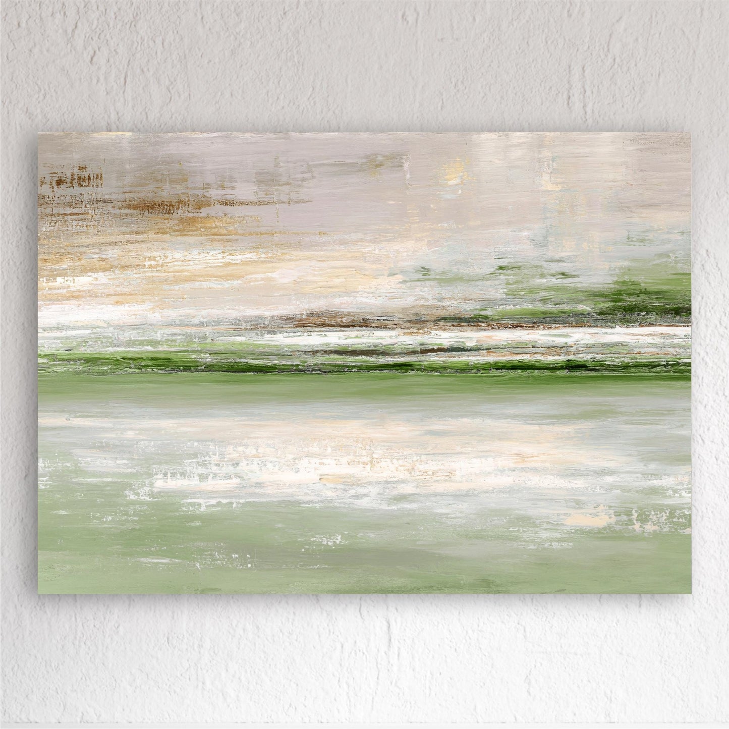 The image is a large abstract painting depicting a serene landscape with a calm body of water and a hazy, pale green sky.