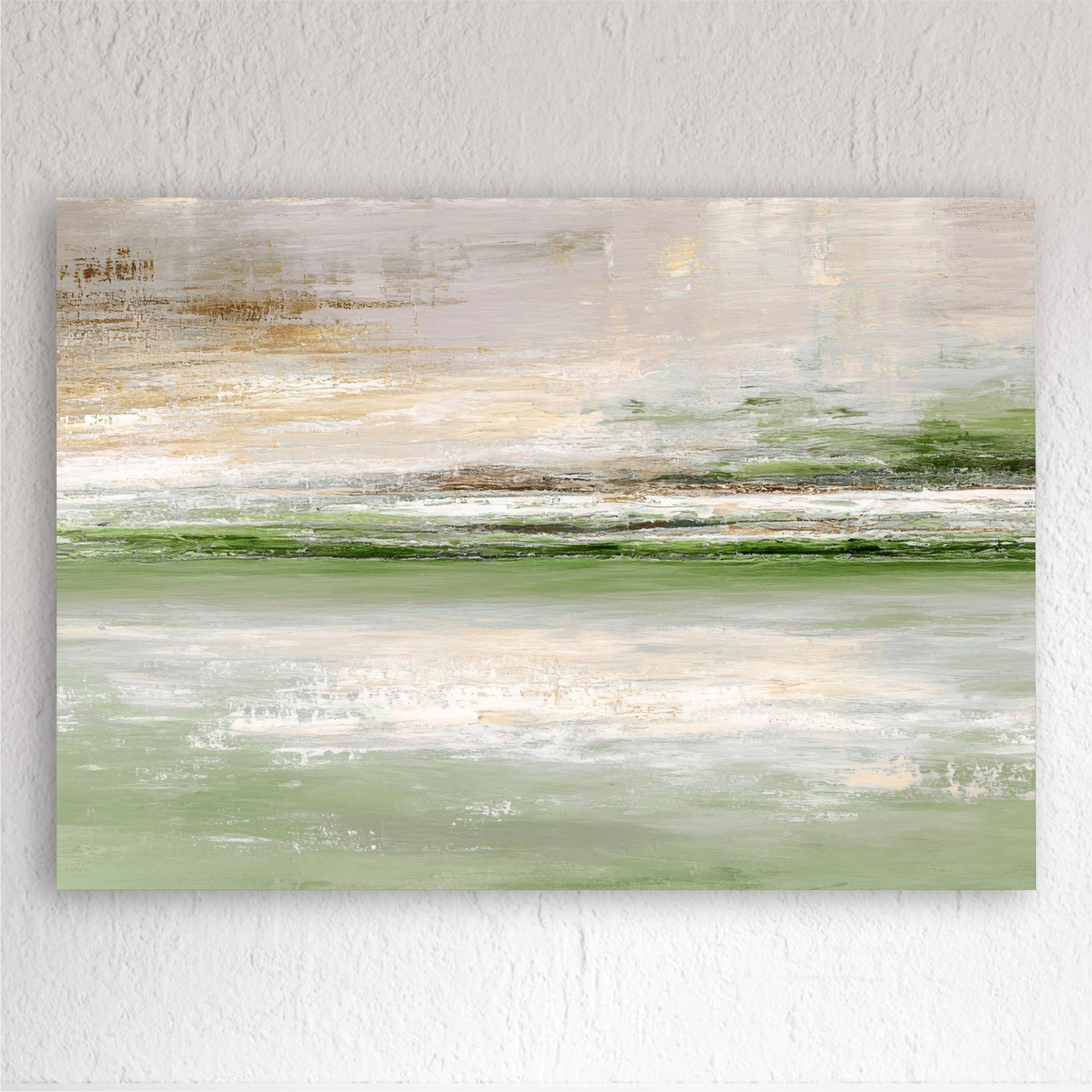 The image is a large abstract painting depicting a serene landscape with a calm body of water and a hazy, pale green sky.