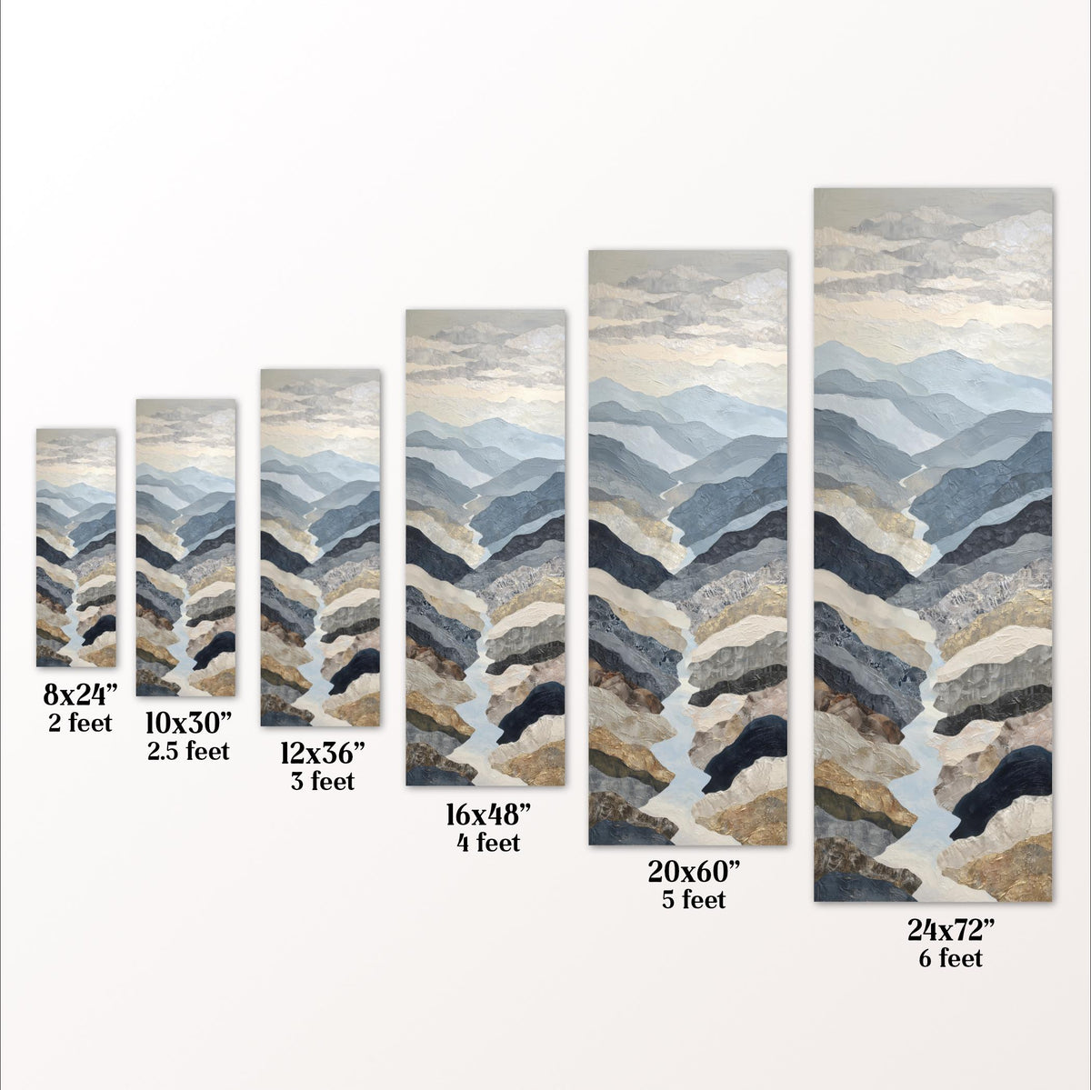 a series of landscape paintings, each with a different size and frame, ranging from 8x24" to 20x60".