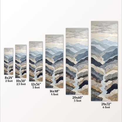 a series of landscape paintings, each with a different size and frame, ranging from 8x24" to 20x60".