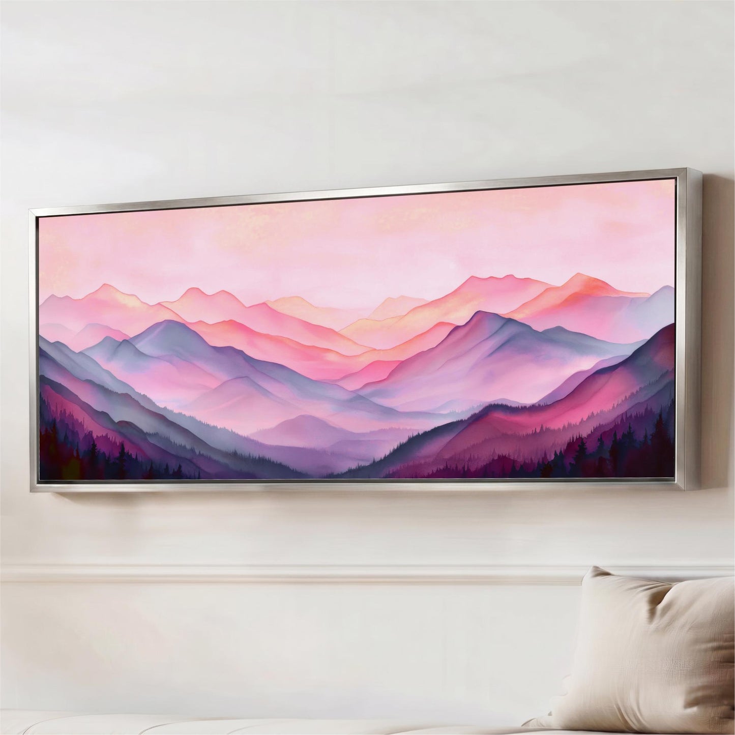 a large, framed painting of a mountainous landscape with a pink and purple color scheme.
