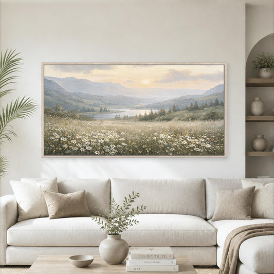 Mountain Wildflower Meadow Wall Art, Serene Lake Landscape Print, Sunset Mountain Canvas, Nature Wall Decor