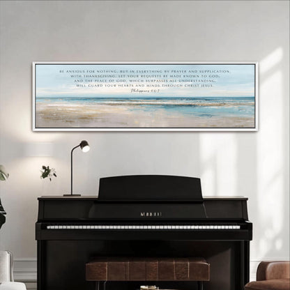a large framed Bible verse on a white wall above a black piano keyboard.