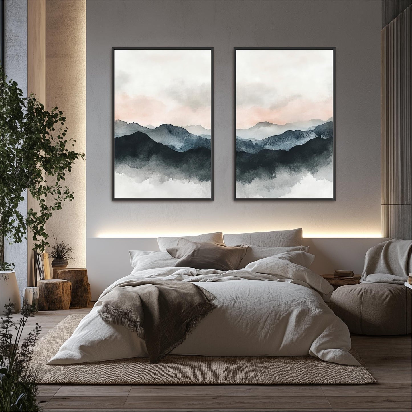 a serene bedroom setting with a large bed, a nightstand, and two framed landscape paintings hanging on the wall above it.