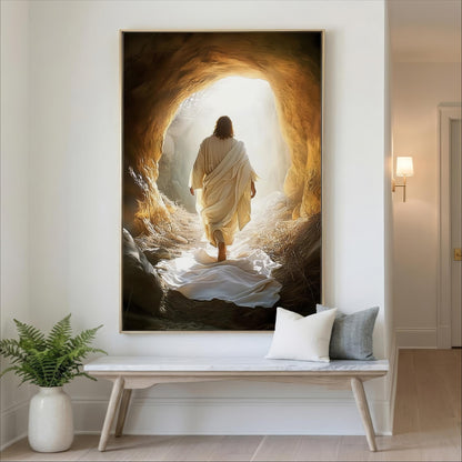 a person walking through a cave, with sunlight streaming in from the opening, creating a dramatic and serene atmosphere.
