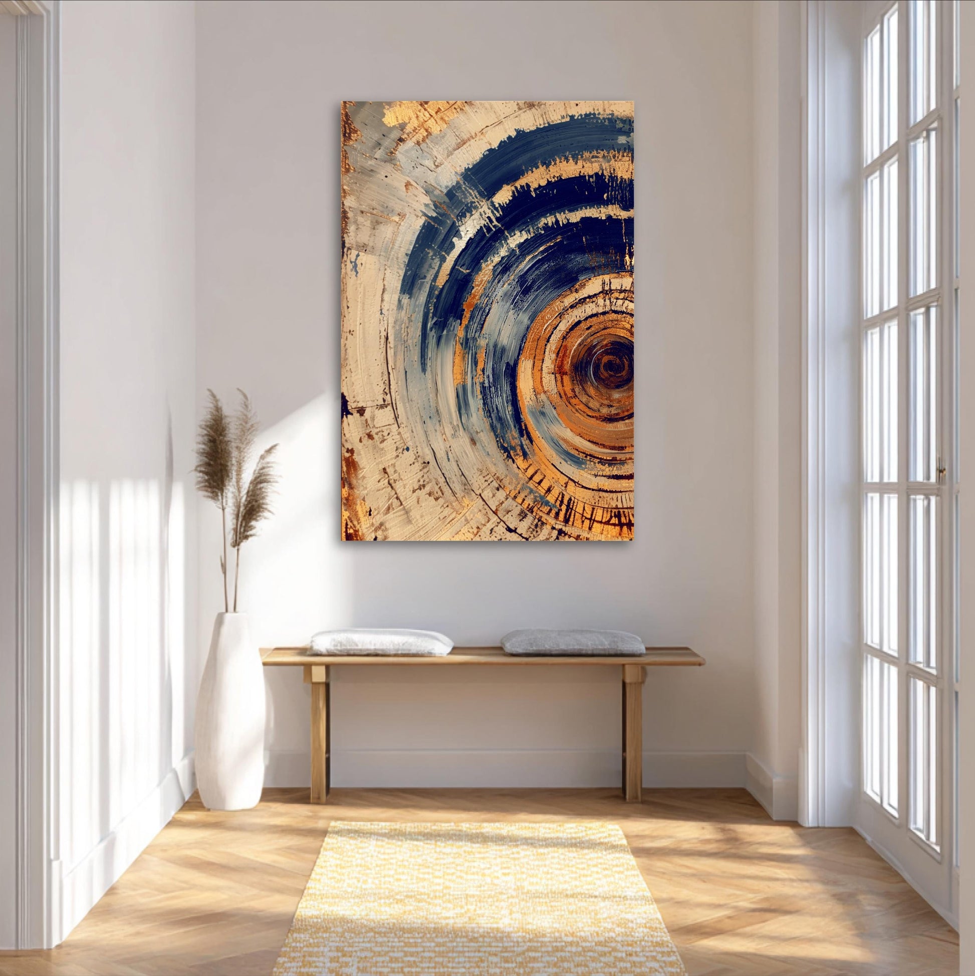 a large abstract painting hanging on a white wall in a bright, airy room with a wooden bench and a white vase.