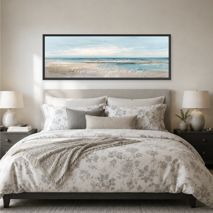 a large bedroom with a bed, nightstands, and a framed landscape painting hanging above the bed.