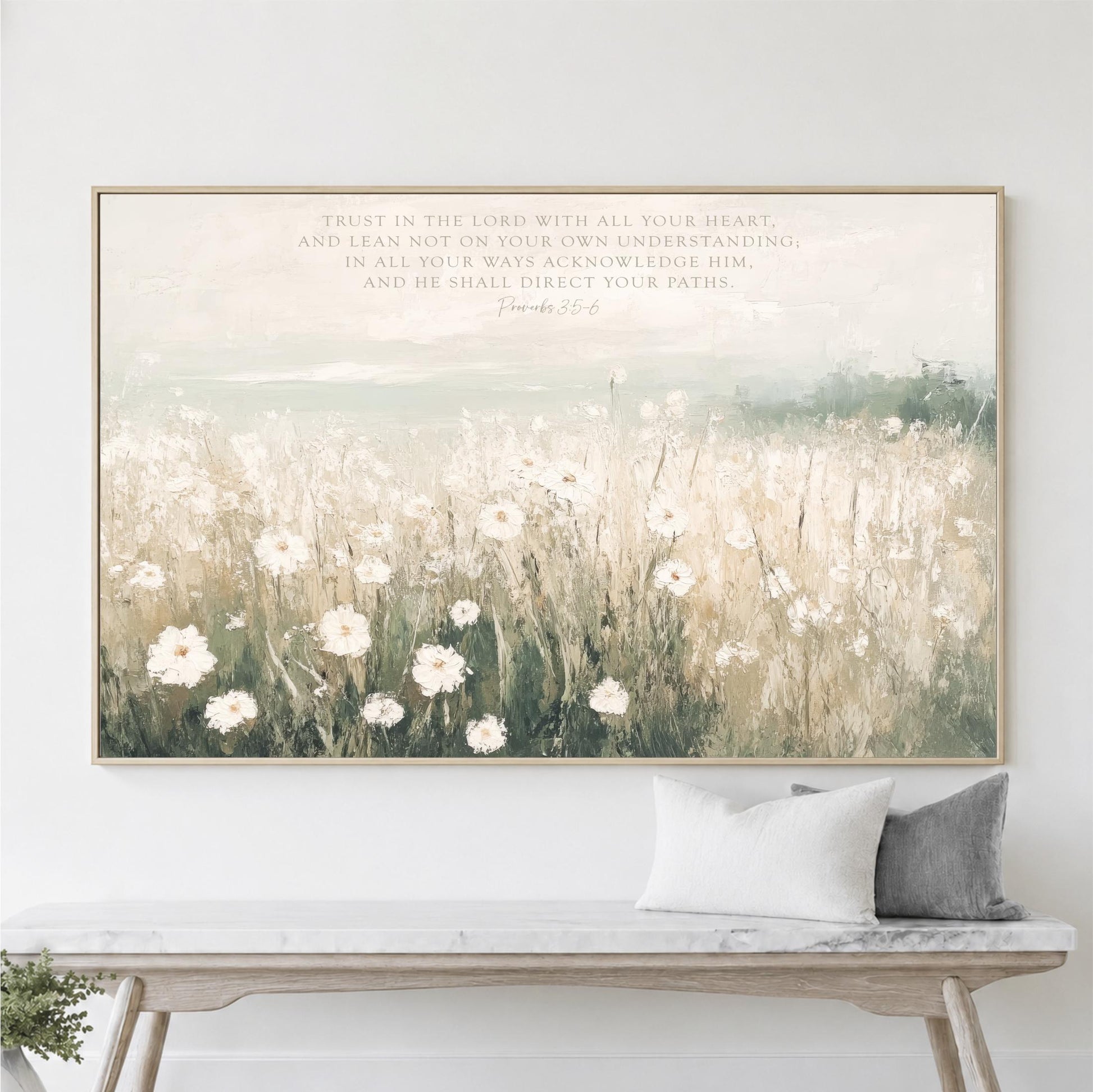 Coastal Wildflowers Framed Art, Trust in the Lord Proverbs 3:5-6, Flower Field Neutral Landscape Christian Scripture Decor Canvas Print
