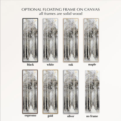 a collection of six framed artworks, each featuring a different color and frame style. The artworks depict a forest scene with tall trees, and the frames are described in terms of color and wood type, such as black, white, oak, maple, espresso, gold, silver, and no frame.