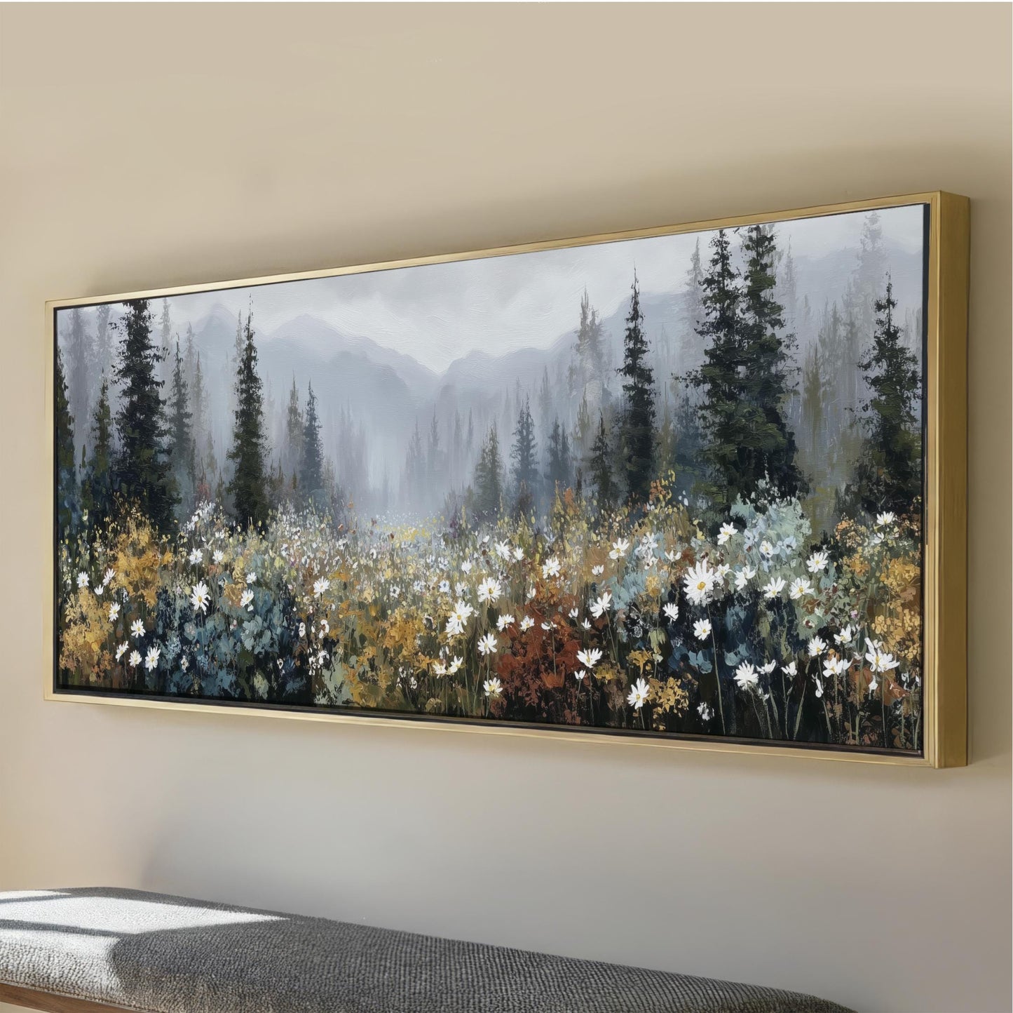 Fall Mountain Landscape Wall Art, Misty Forest Wildflower Meadow, Nature Inspired Framed Canvas Print Over Sofa Living Room Artwork