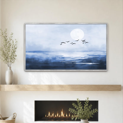 a serene scene of a fireplace with a painting of a blue sky and a full moon above it, along with a group of birds flying in the sky.