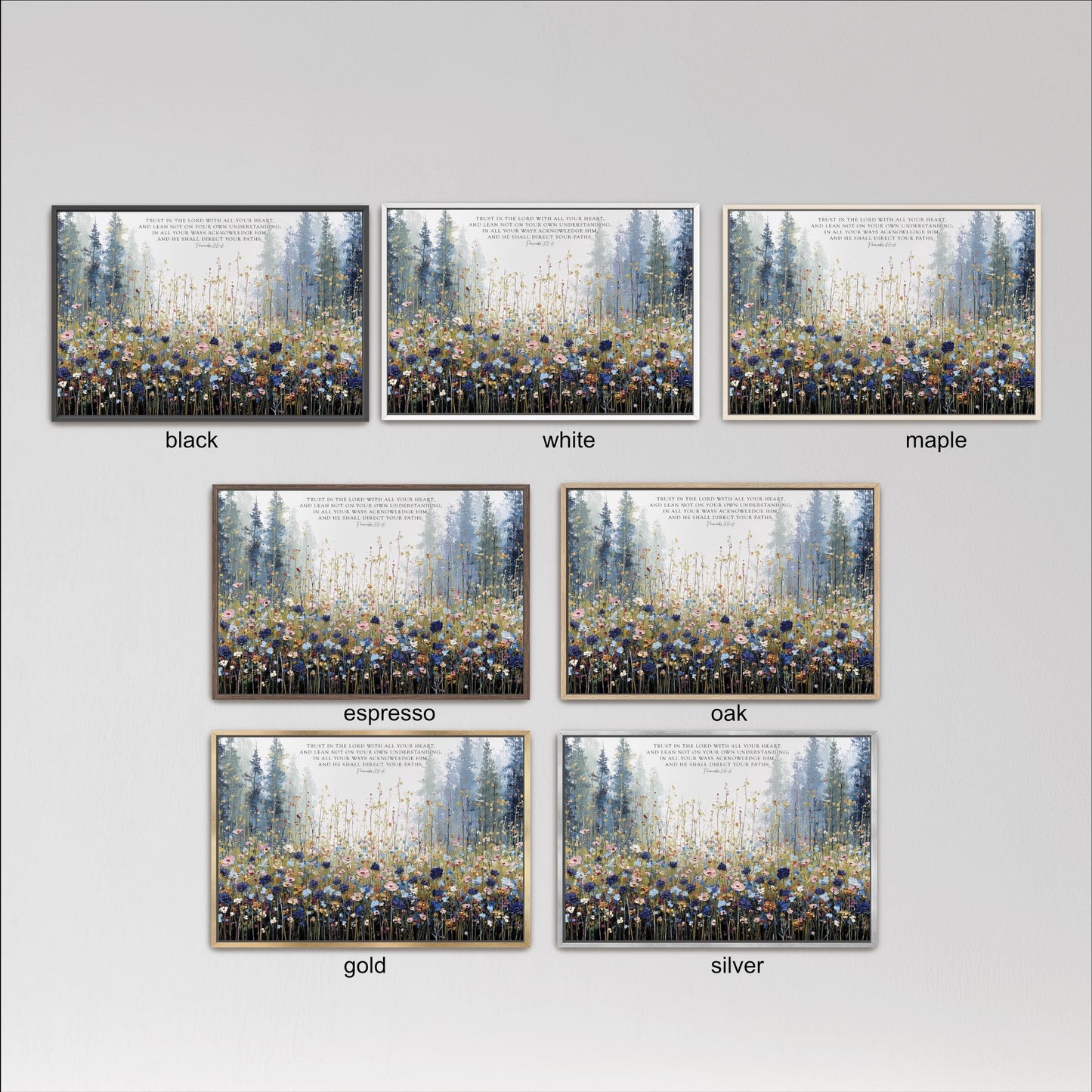 six framed landscape paintings, each with a different color and frame style, arranged in a grid on a white background.