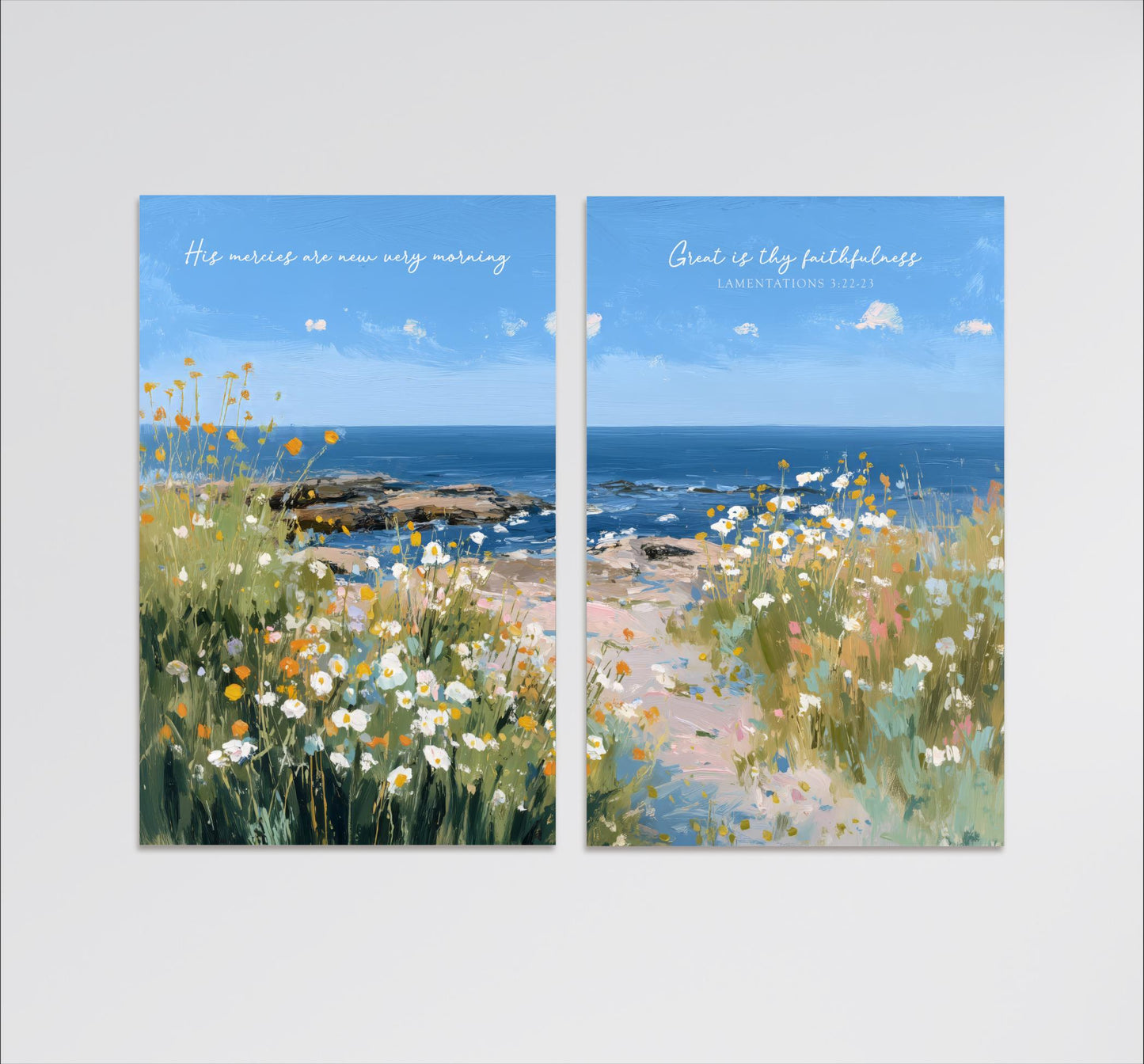 The image is a collage of two paintings depicting a serene landscape with a field of flowers and a body of water. The text in the paintings reads "His merci are new very morning" and "Great is thy faithfulness" from the Bible verse Lamentations 3:22-23.