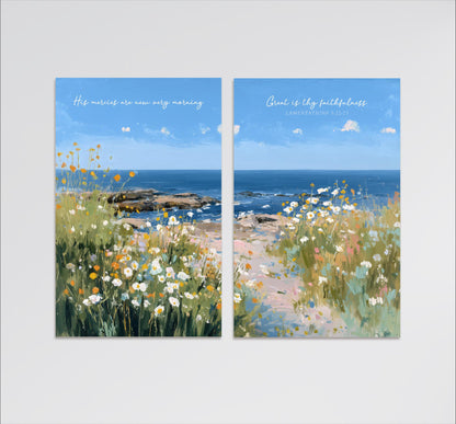 The image is a collage of two paintings depicting a serene landscape with a field of flowers and a body of water. The text in the paintings reads "His merci are new very morning" and "Great is thy faithfulness" from the Bible verse Lamentations 3:22-23.