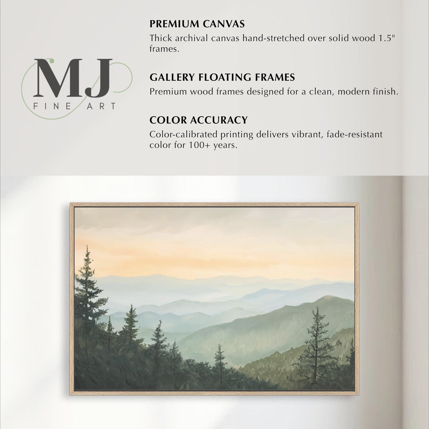 The image is a collage of several pictures, including a landscape with pine trees and mountains, a color accuracy image, and a premium canvas hand-stretched over solid wood frame.