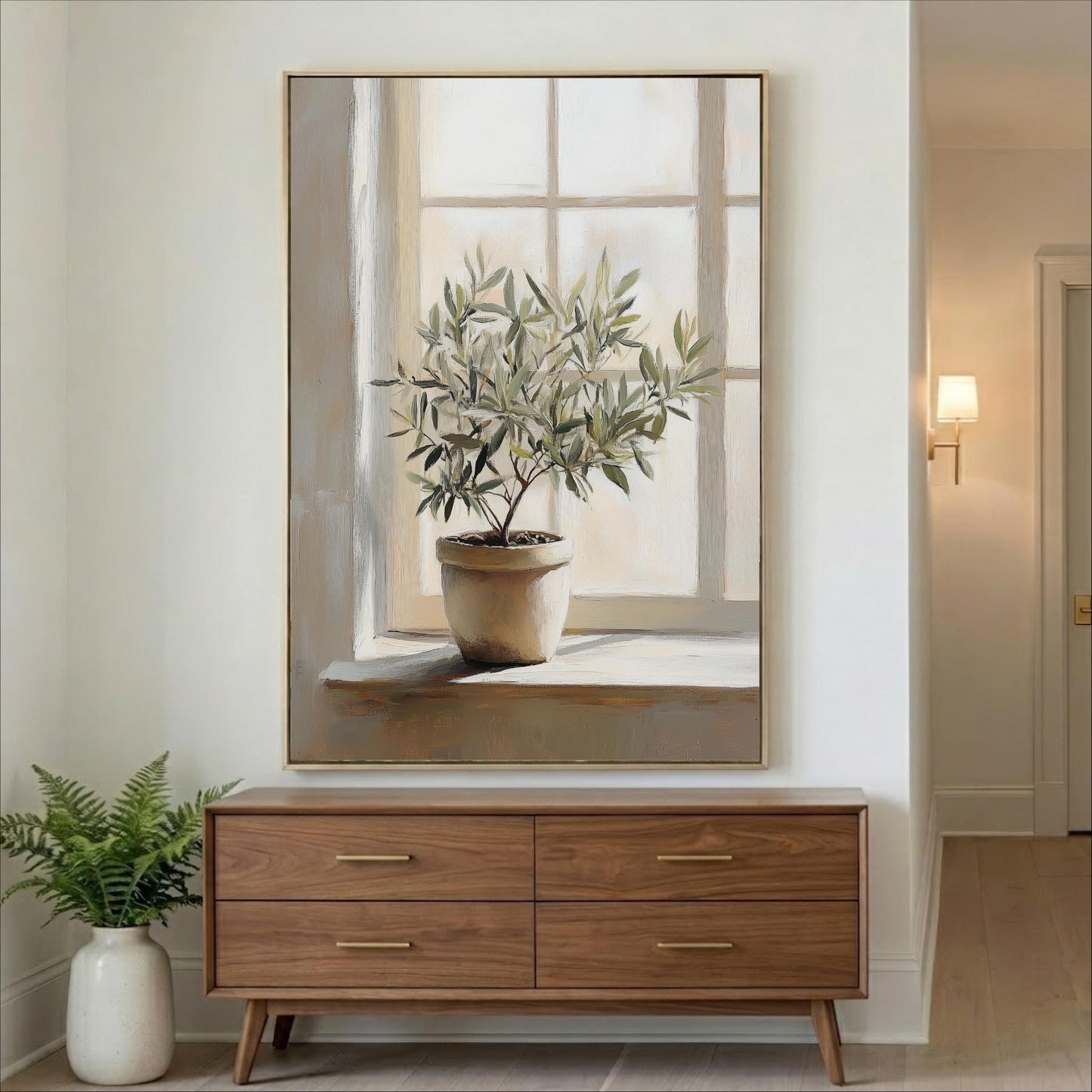 a large painting of a potted plant on a wall, with a wooden dresser below it.