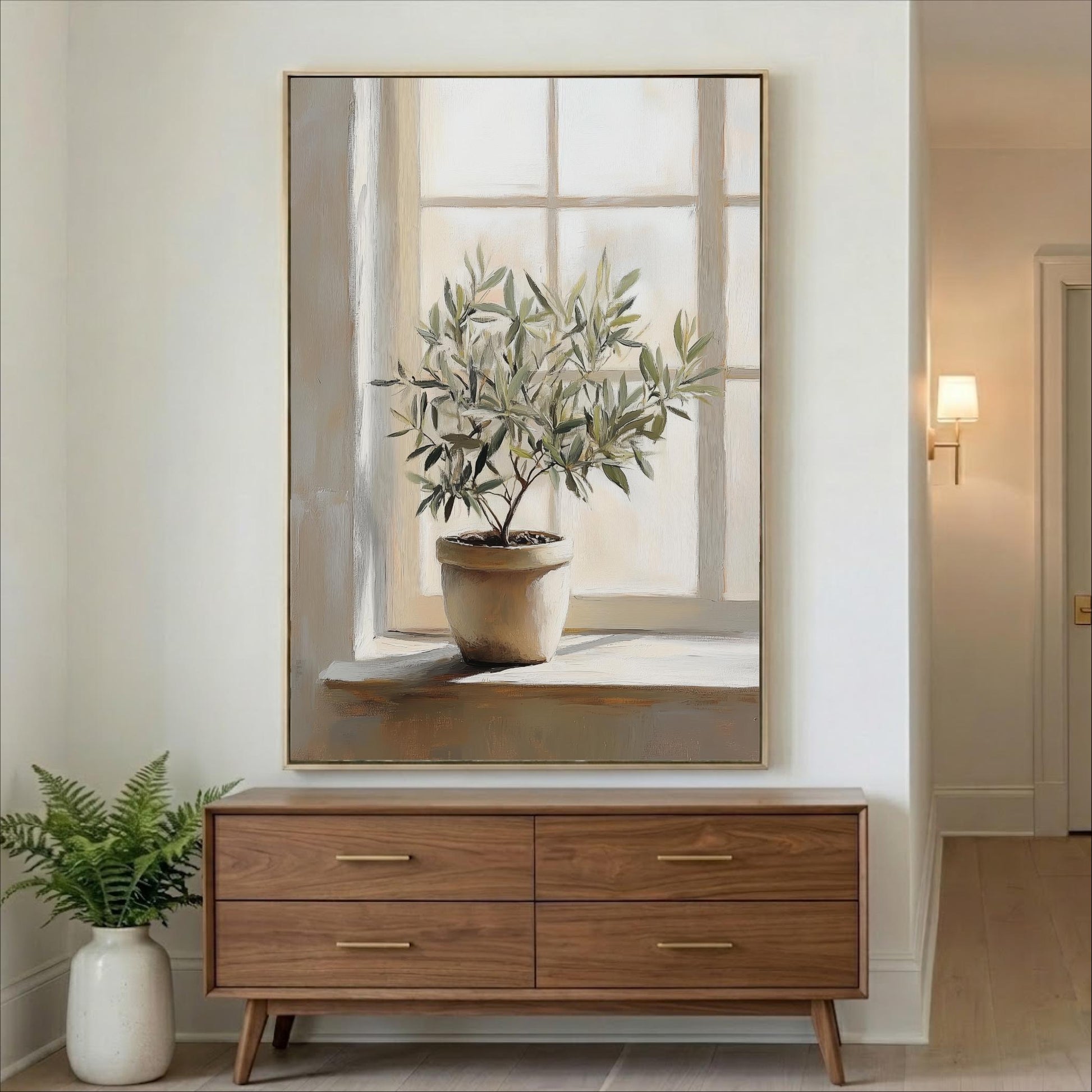 a large painting of a potted plant on a wall, with a wooden dresser below it.