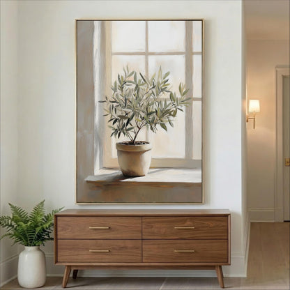a large painting of a potted plant on a wall, with a wooden dresser below it.