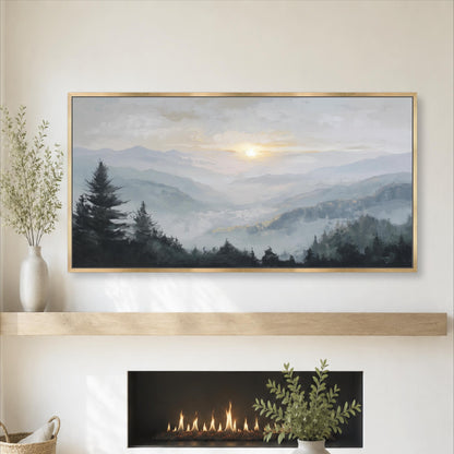 a large landscape painting hanging on a wall above a fireplace, with a vase of greenery and a basket of woven items placed on a shelf below the painting.