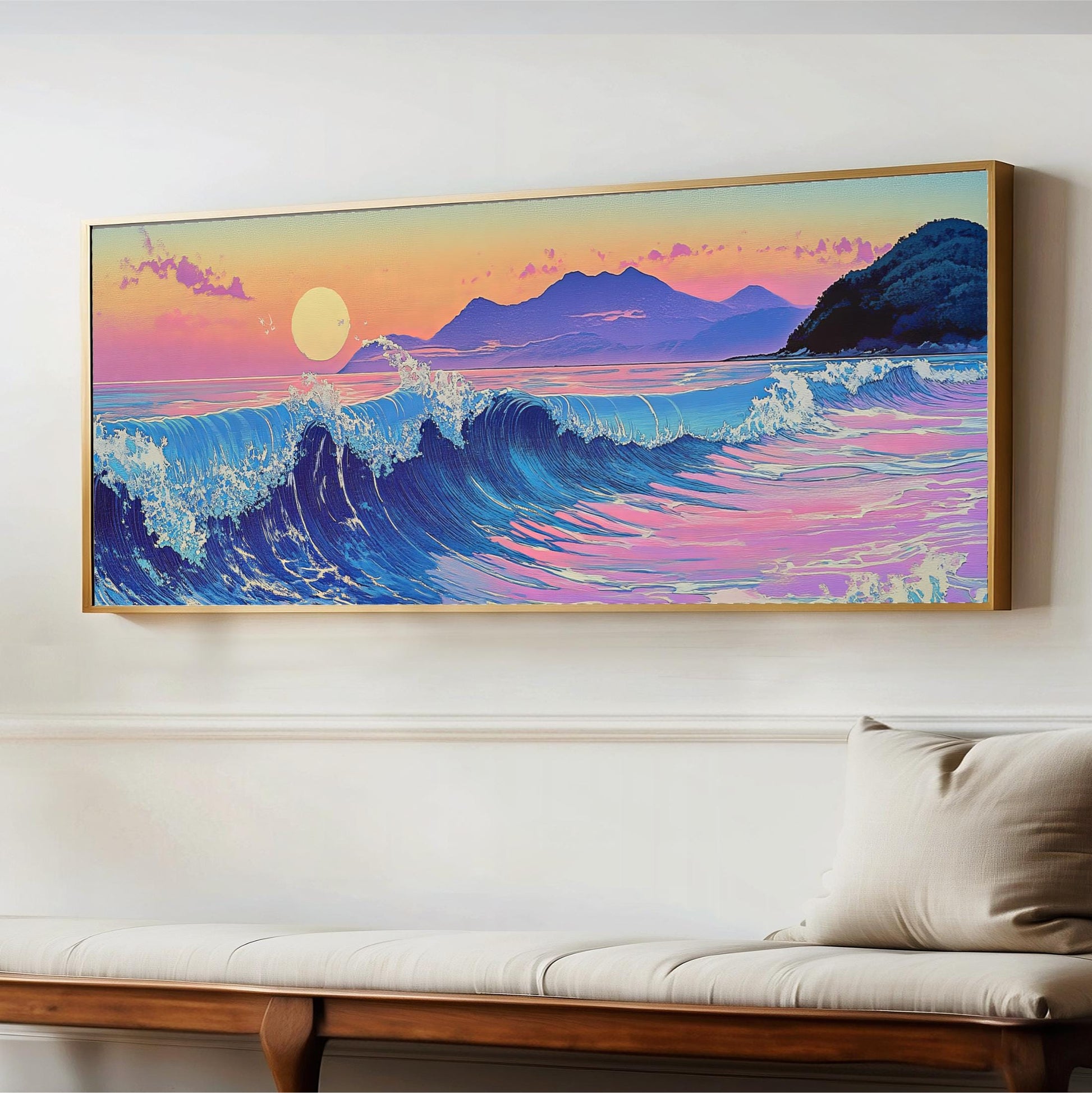 a painting hanging on a wall above a bench