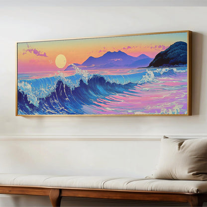 a painting hanging on a wall above a bench