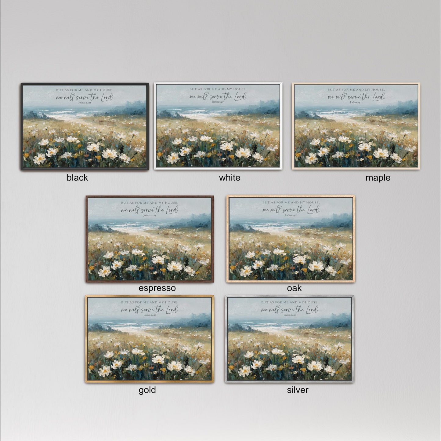 six different framed pictures of a field with white flowers, each with a different color frame.