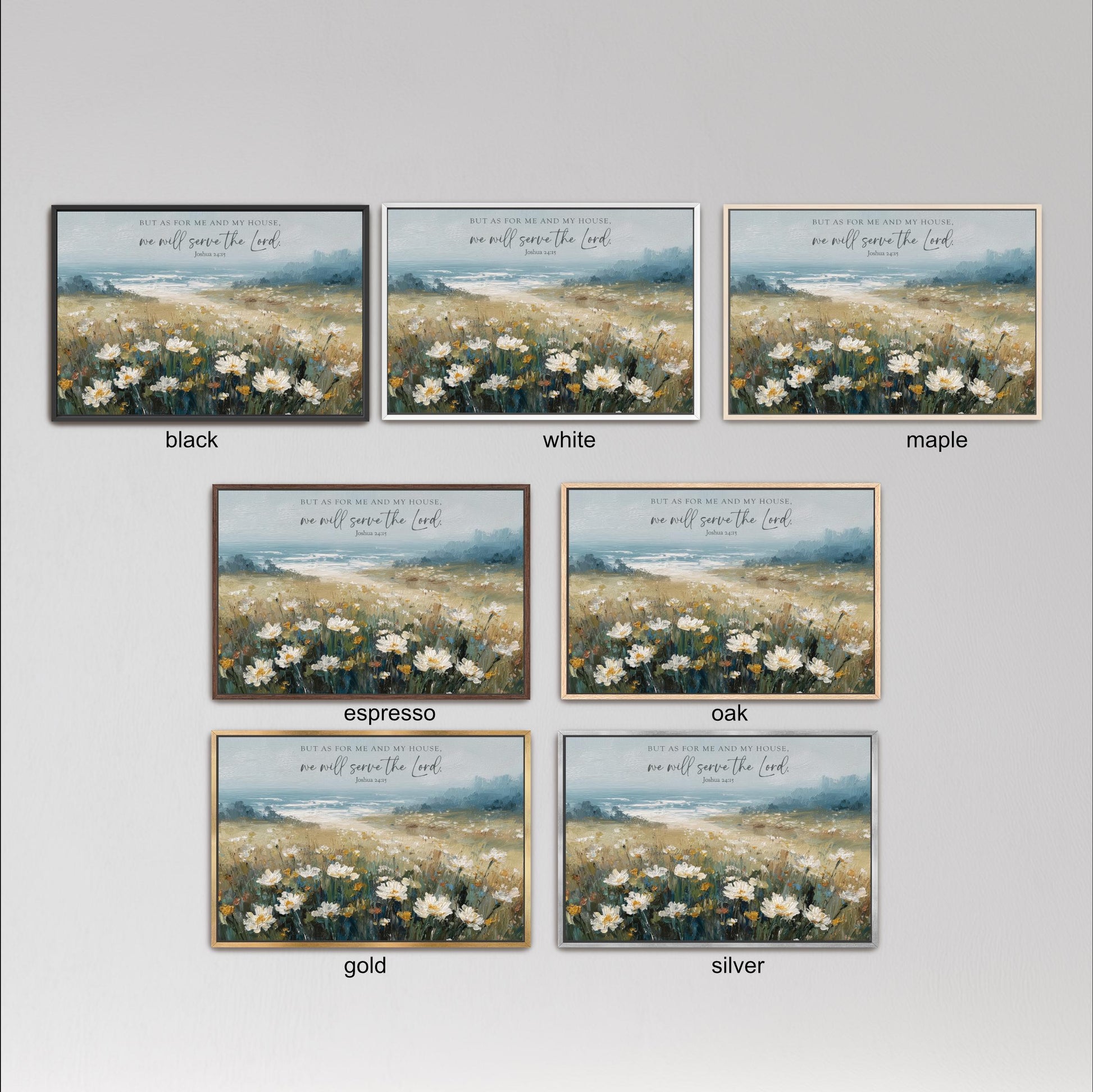 six different framed pictures of a field with white flowers, each with a different color frame.