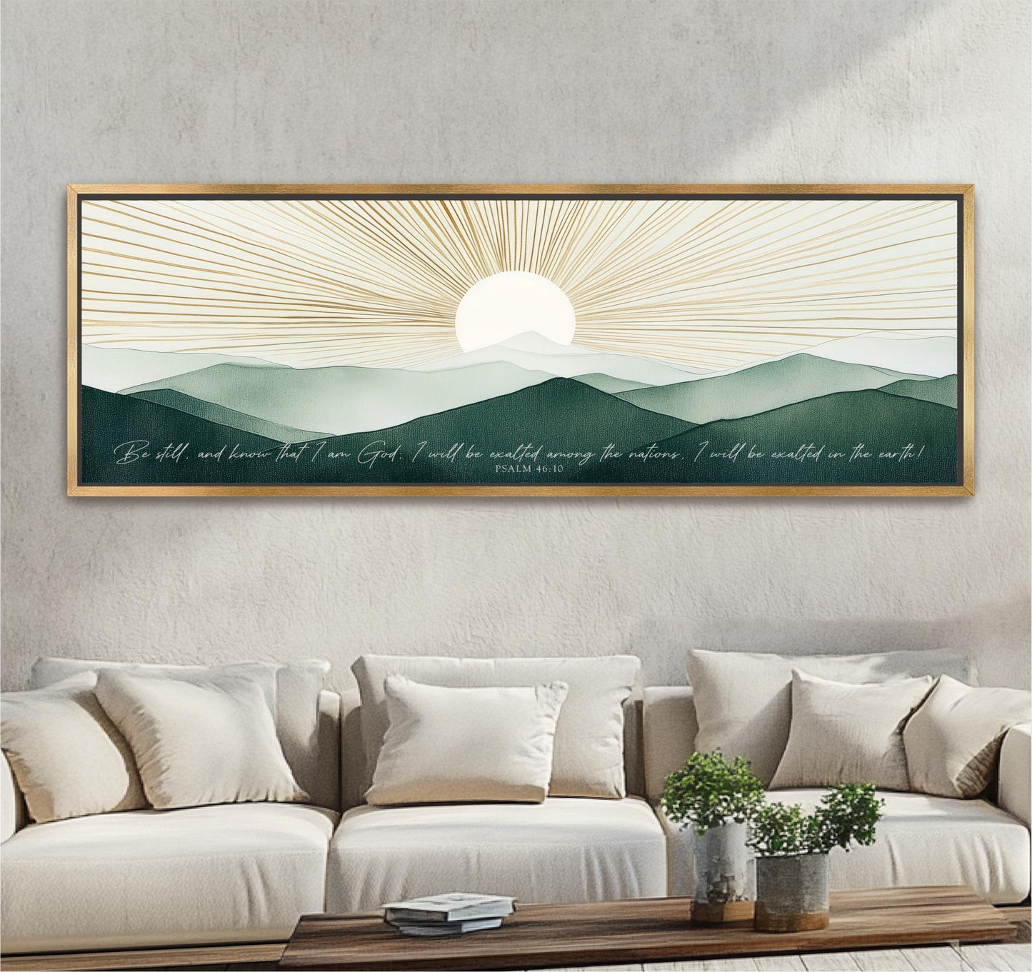 a large framed artwork depicting a serene landscape with mountains, a sun, and a message about God's presence in nature.