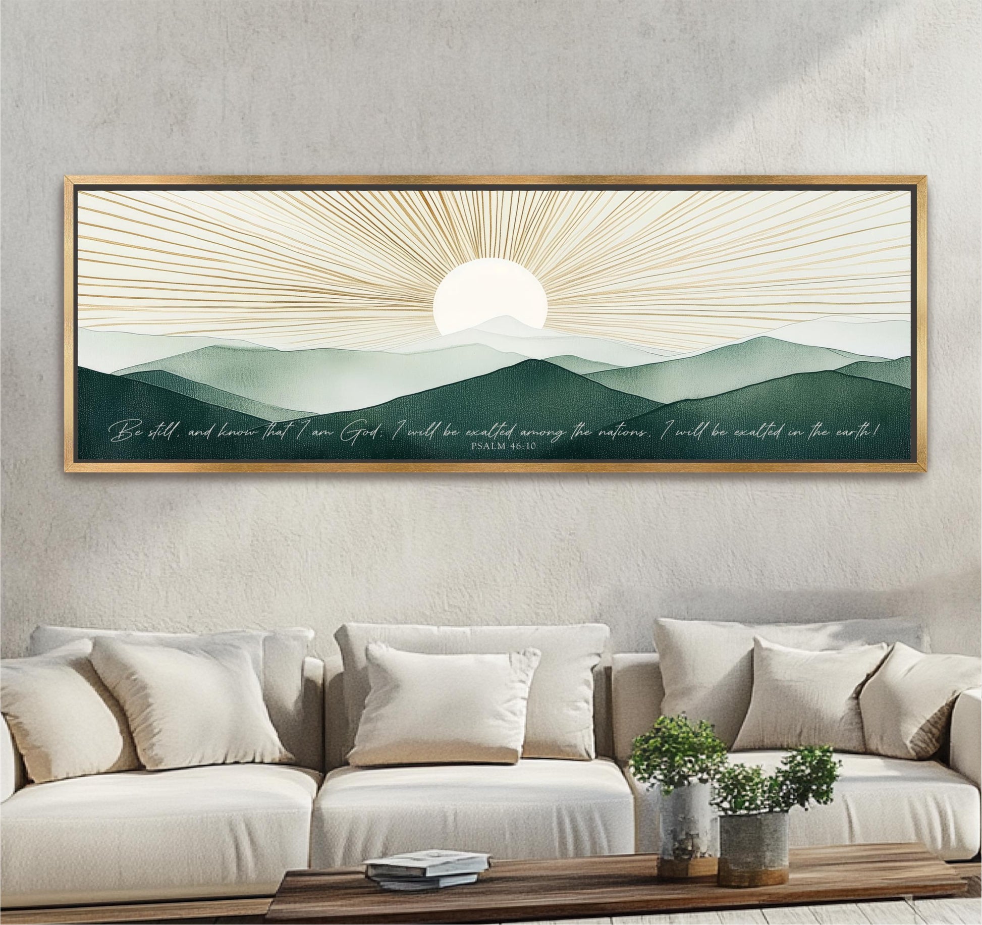a large framed artwork depicting a serene landscape with mountains, a sun, and a message about God's presence in nature.