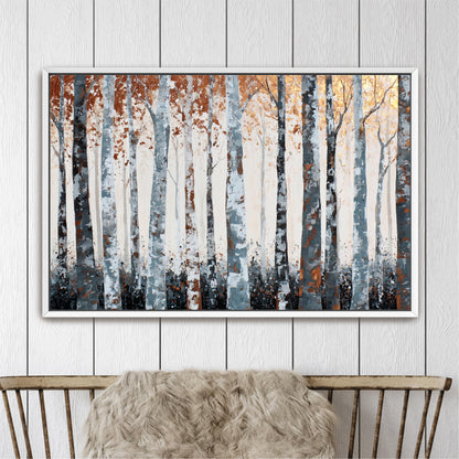 a large painting of a forest with tall trees in shades of white, gray, and orange. The painting is displayed on a white wall above a wooden chair.