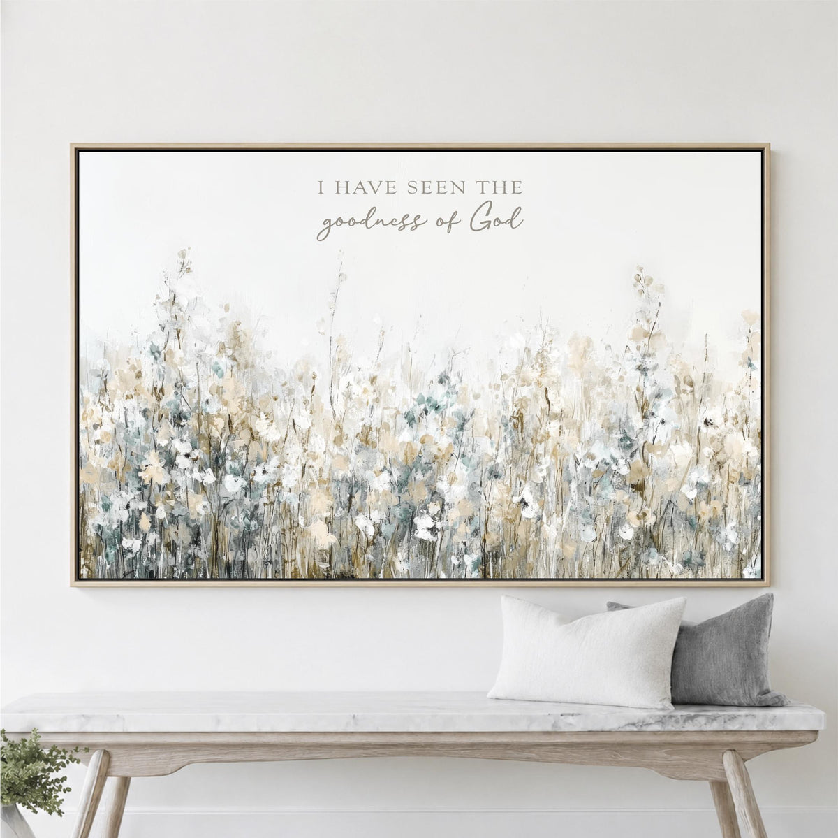 I Have Seen TheGoodness of God Wall Art, Floral Meadow, Neutral Wildflowers Sage Green Landscape Framed Canvas Print