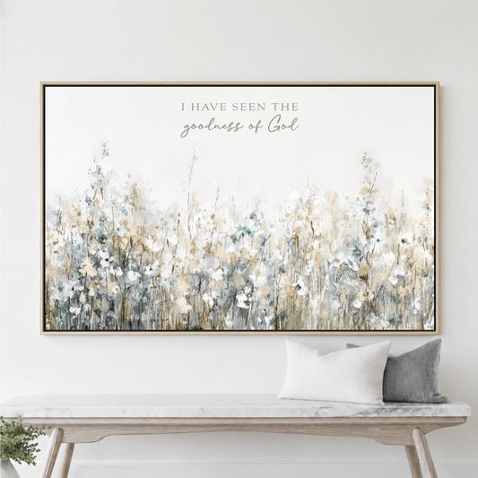 I Have Seen TheGoodness of God Wall Art, Floral Meadow, Neutral Wildflowers Sage Green Landscape Framed Canvas Print