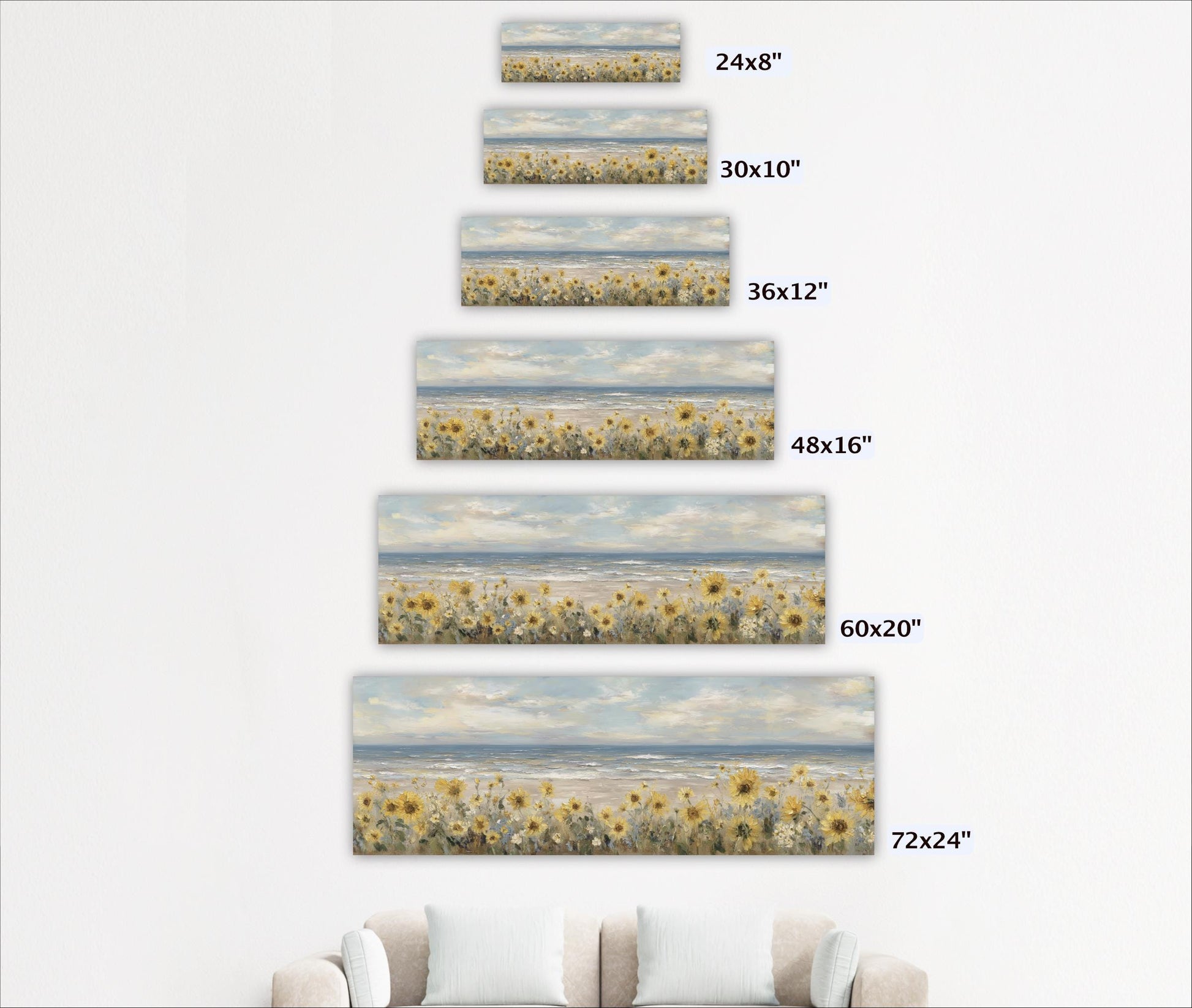 A series of framed landscape paintings depicting a field of flowers, with each painting varying in size.
