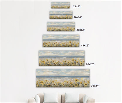 A series of framed landscape paintings depicting a field of flowers, with each painting varying in size.
