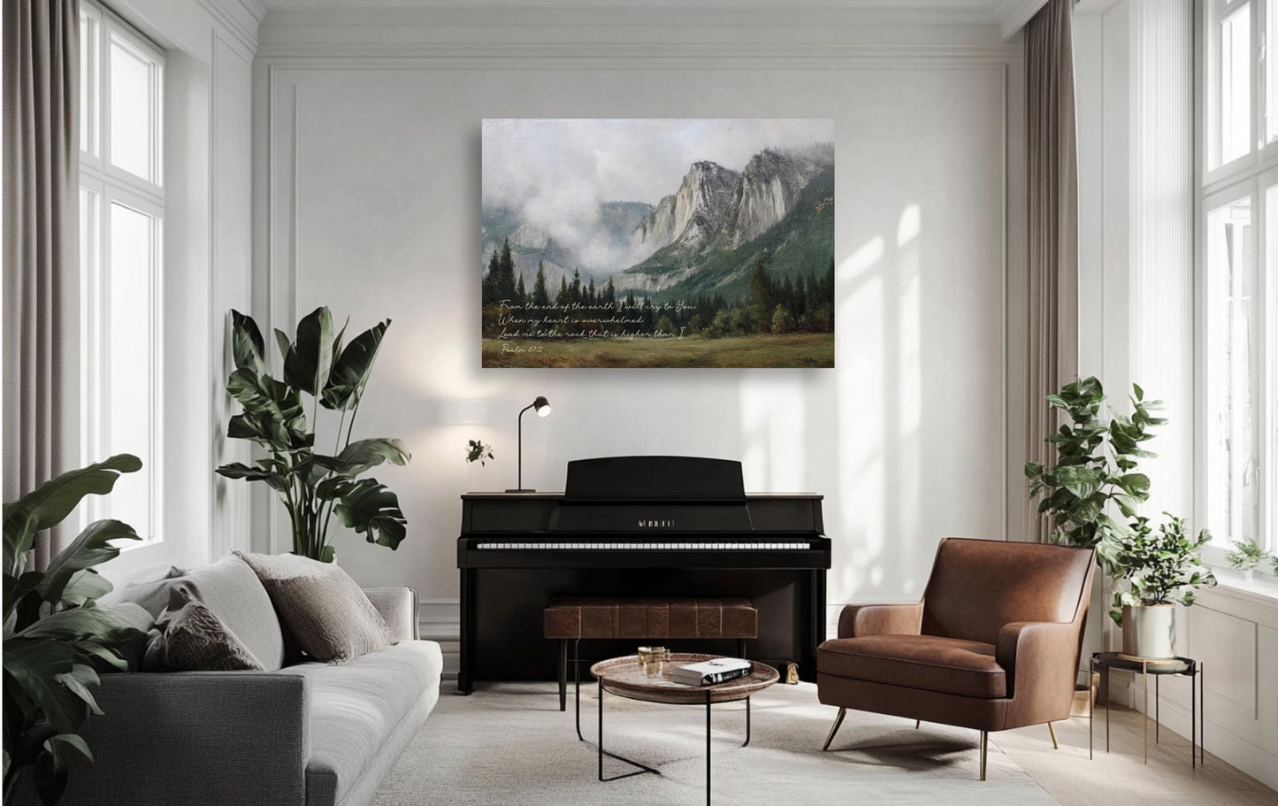 a serene living room with a large painting of a mountain landscape hanging on the wall. The room is furnished with a couch, a piano, and a chair, creating a cozy and inviting atmosphere. The room is decorated with several potted plants, adding a touch of greenery and natural beauty to the space.