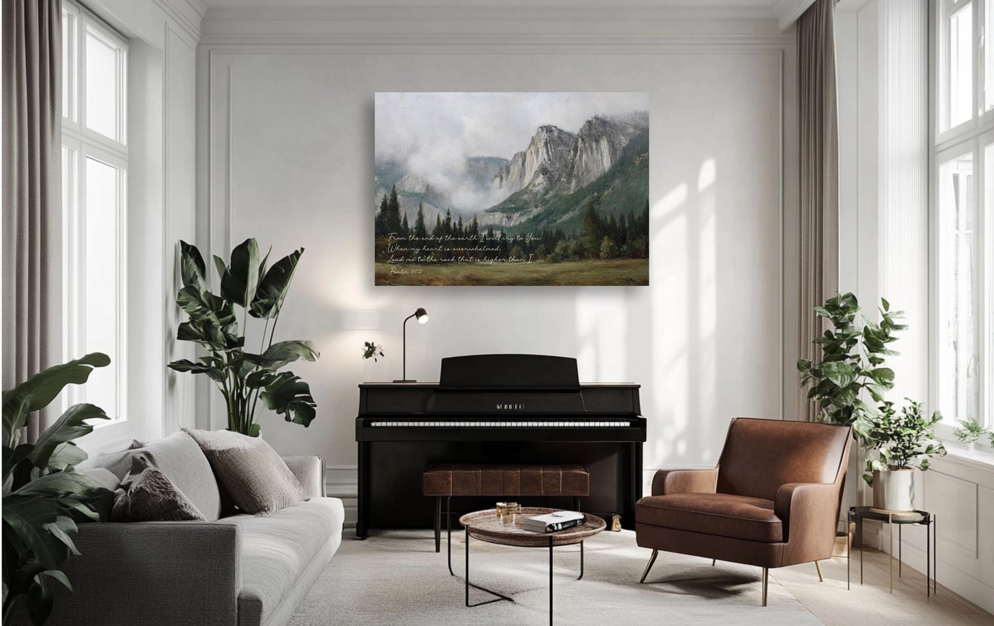 a serene living room with a large painting of a mountain landscape hanging on the wall. The room is furnished with a couch, a piano, and a chair, creating a cozy and inviting atmosphere. The room is decorated with several potted plants, adding a touch of greenery and natural beauty to the space.