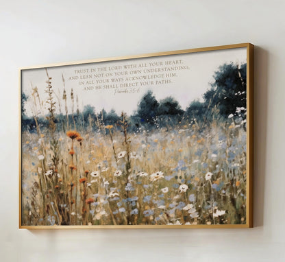The image is a framed painting depicting a field of wildflowers, with a text overlay that reads "Trust in the LORD with all your heart, and lean not on your own understanding, in all your ways accordinly him, and he shall direct your paths."