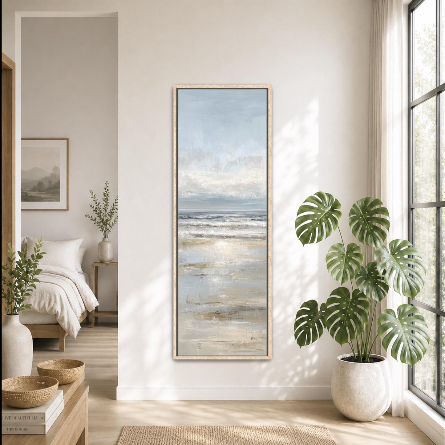 a serene bedroom with a large painting of a beach scene hanging on the wall, a large window with a plant, and a bed with white linens.