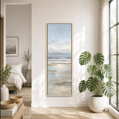 a serene bedroom with a large painting of a beach scene hanging on the wall, a large window with a plant, and a bed with white linens.