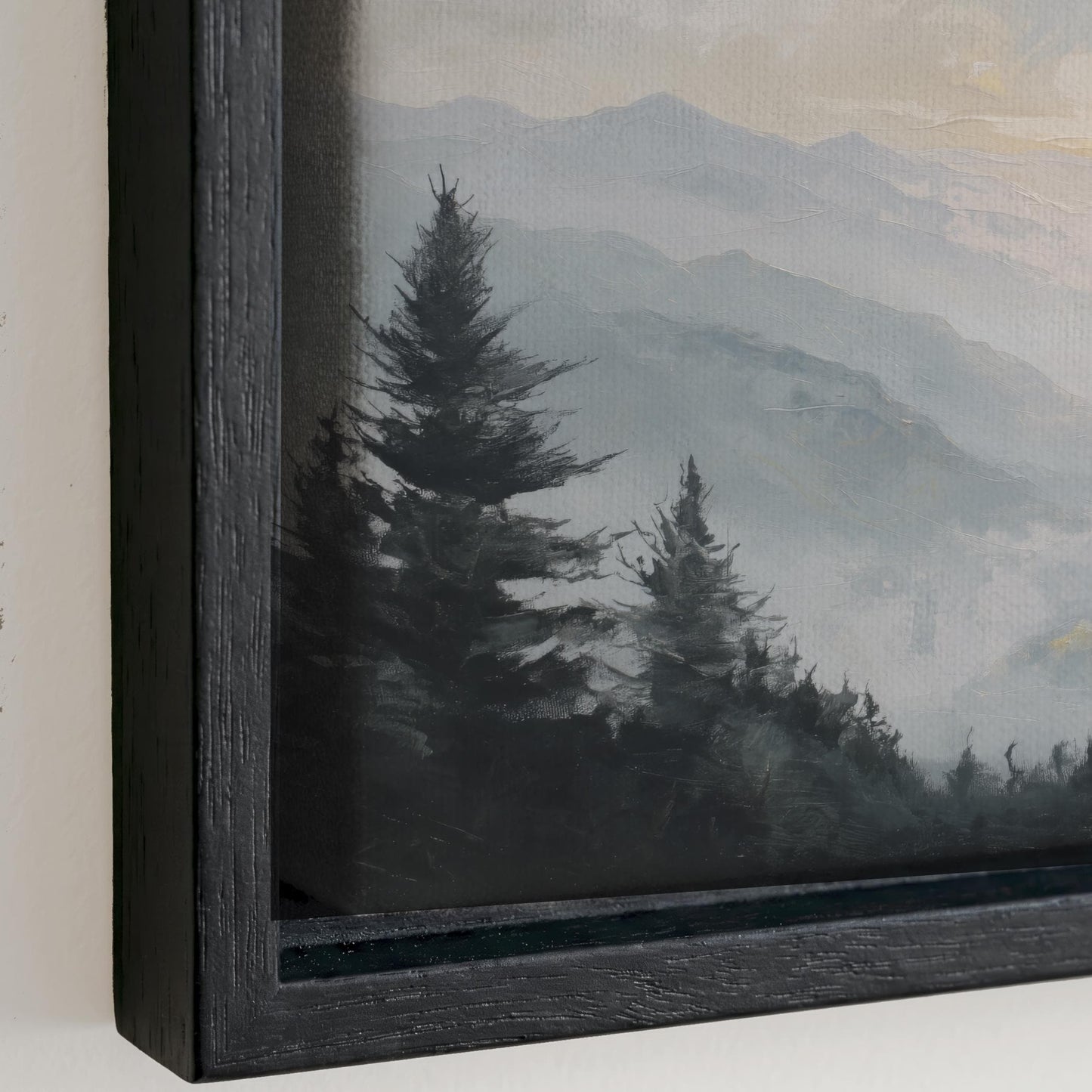 a serene landscape with a forest of tall, dark-colored trees in the foreground, set against a hazy, mountainous background.