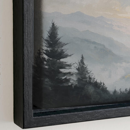 a serene landscape with a forest of tall, dark-colored trees in the foreground, set against a hazy, mountainous background.