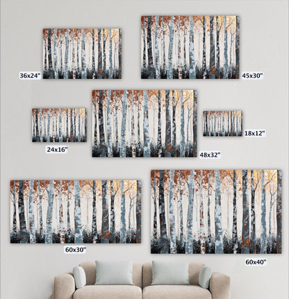 a collection of six different sizes of paintings or artwork, each depicting a forest scene with tall trees and a mix of light and dark colors.