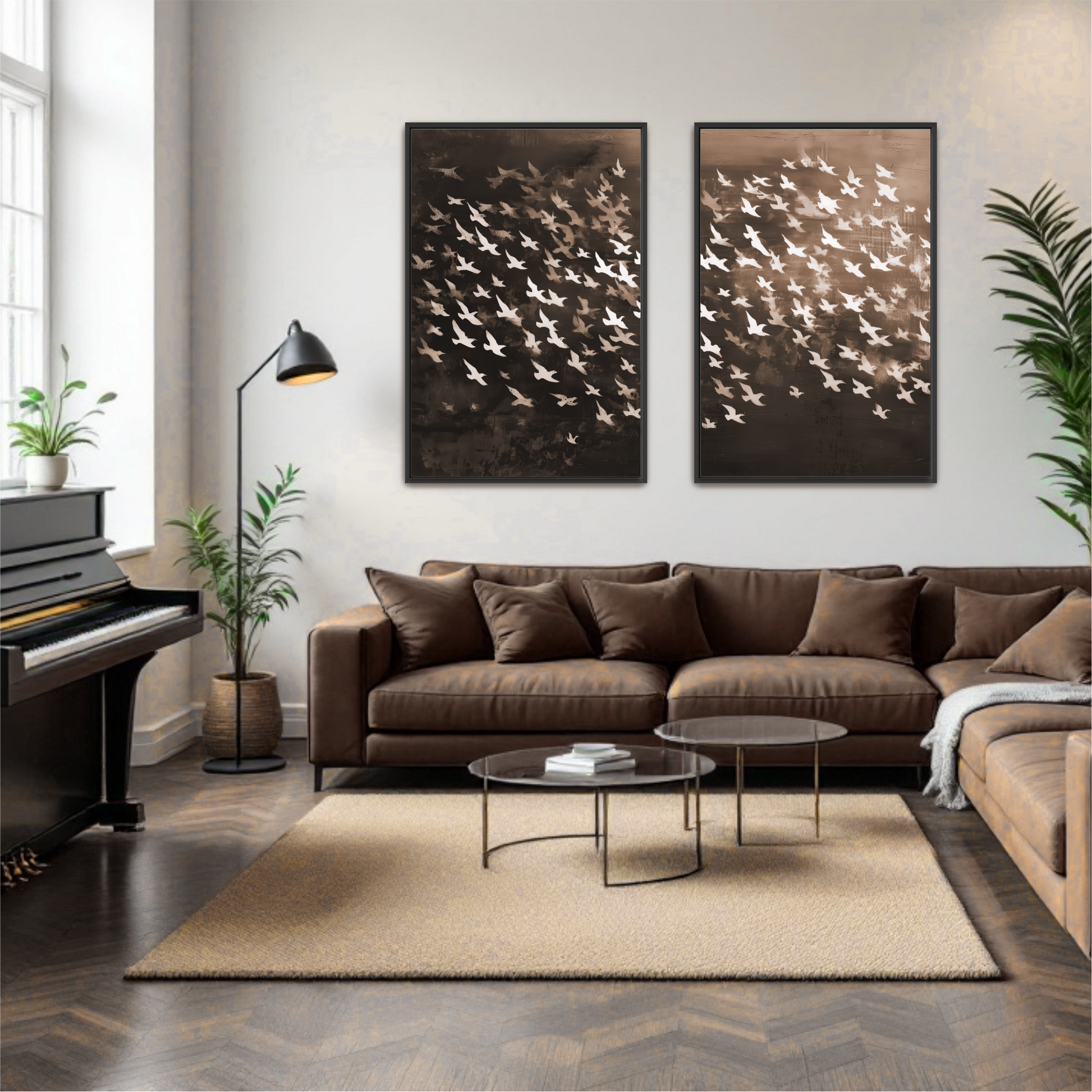 a modern living room with a brown leather sofa, a glass coffee table, and two framed artworks of birds on the wall.