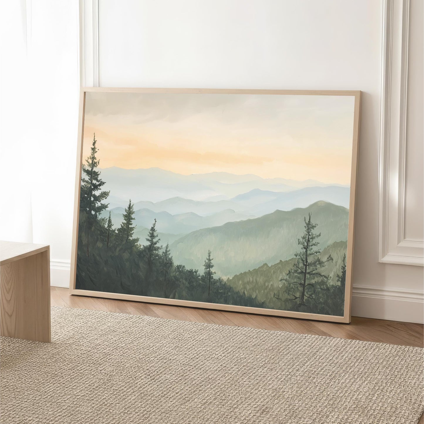 Forest Mountain Framed Wall Art, Abstract Sage Green Yellow Landscape Canvas Print, Large Horizontal ArtWork Nature Decor, Pine Trees
