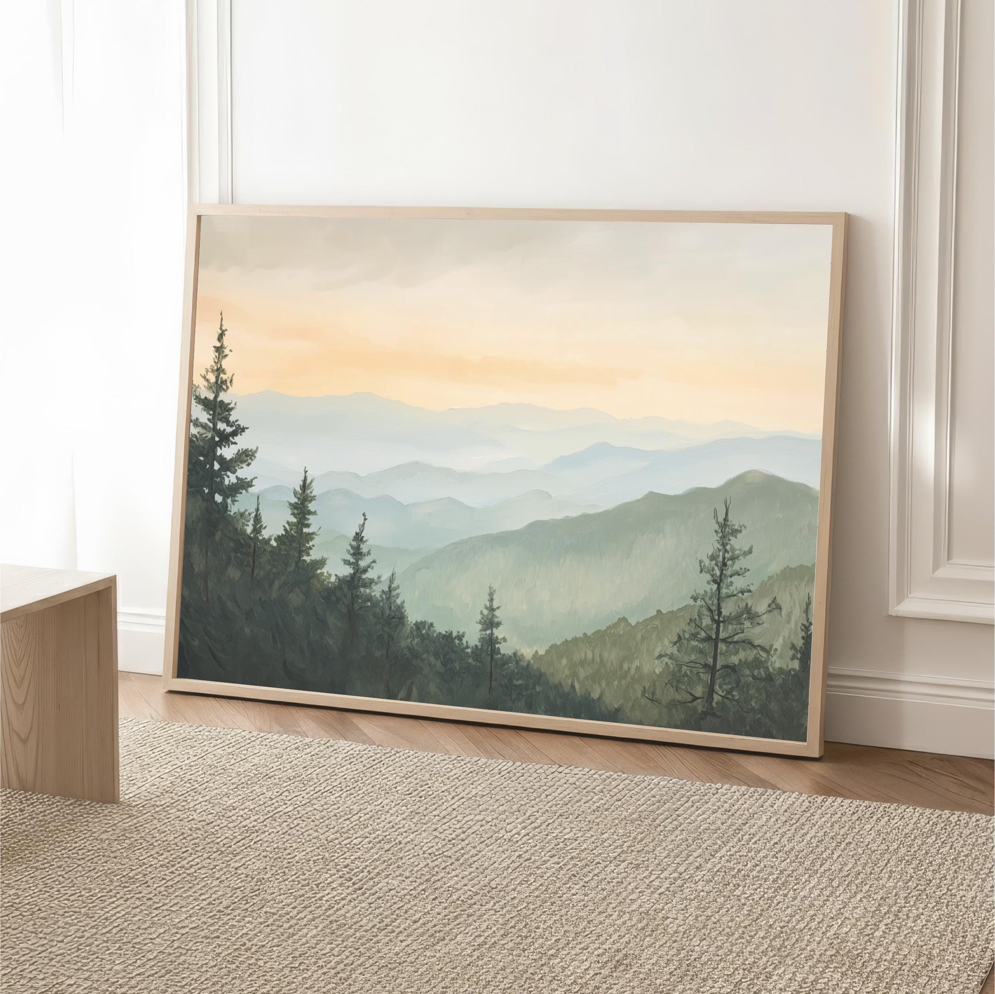 Forest Mountain Framed Wall Art, Abstract Sage Green Yellow Landscape Canvas Print, Large Horizontal ArtWork Nature Decor, Pine Trees