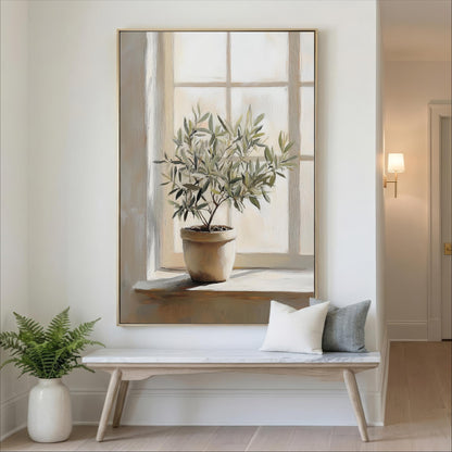 a large painting of a potted plant on a window sill, with a bench and a plant in the foreground.
