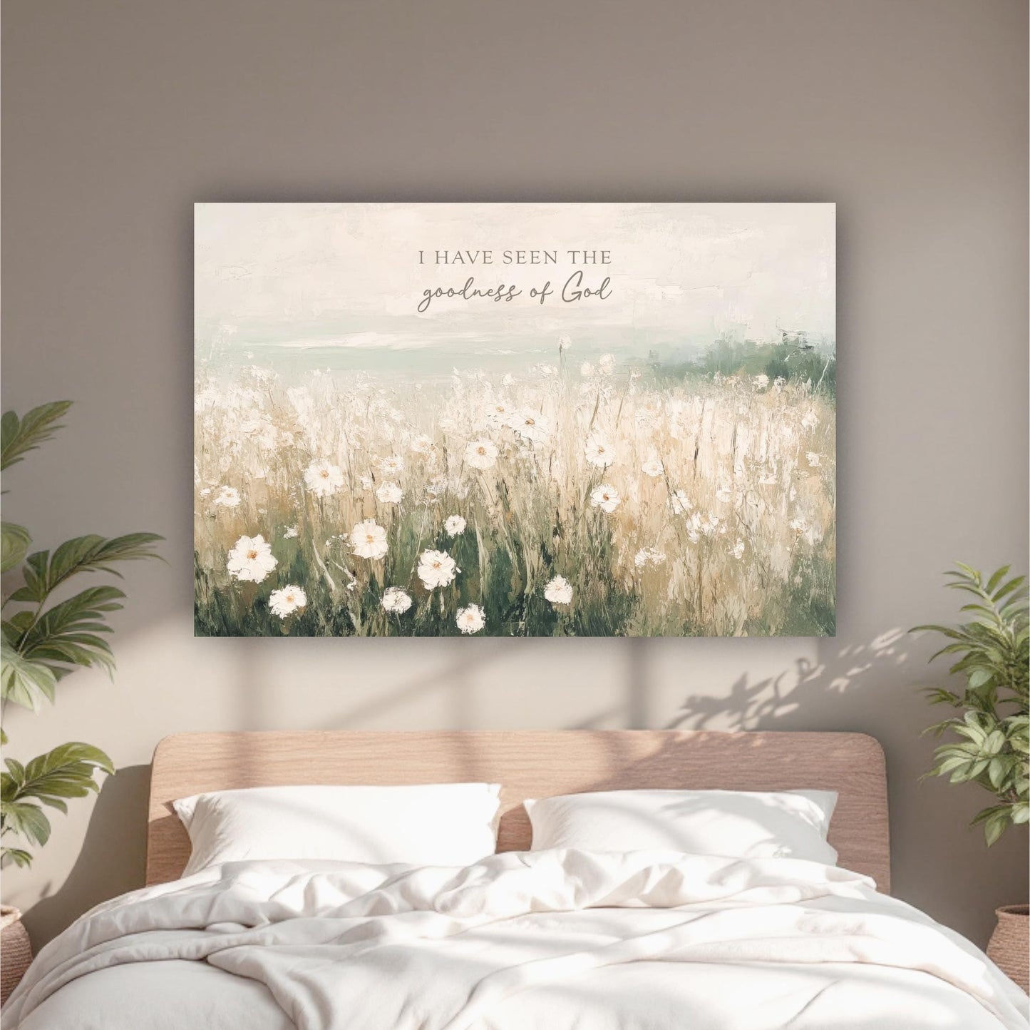 a bedroom with a bed and a painting on the wall