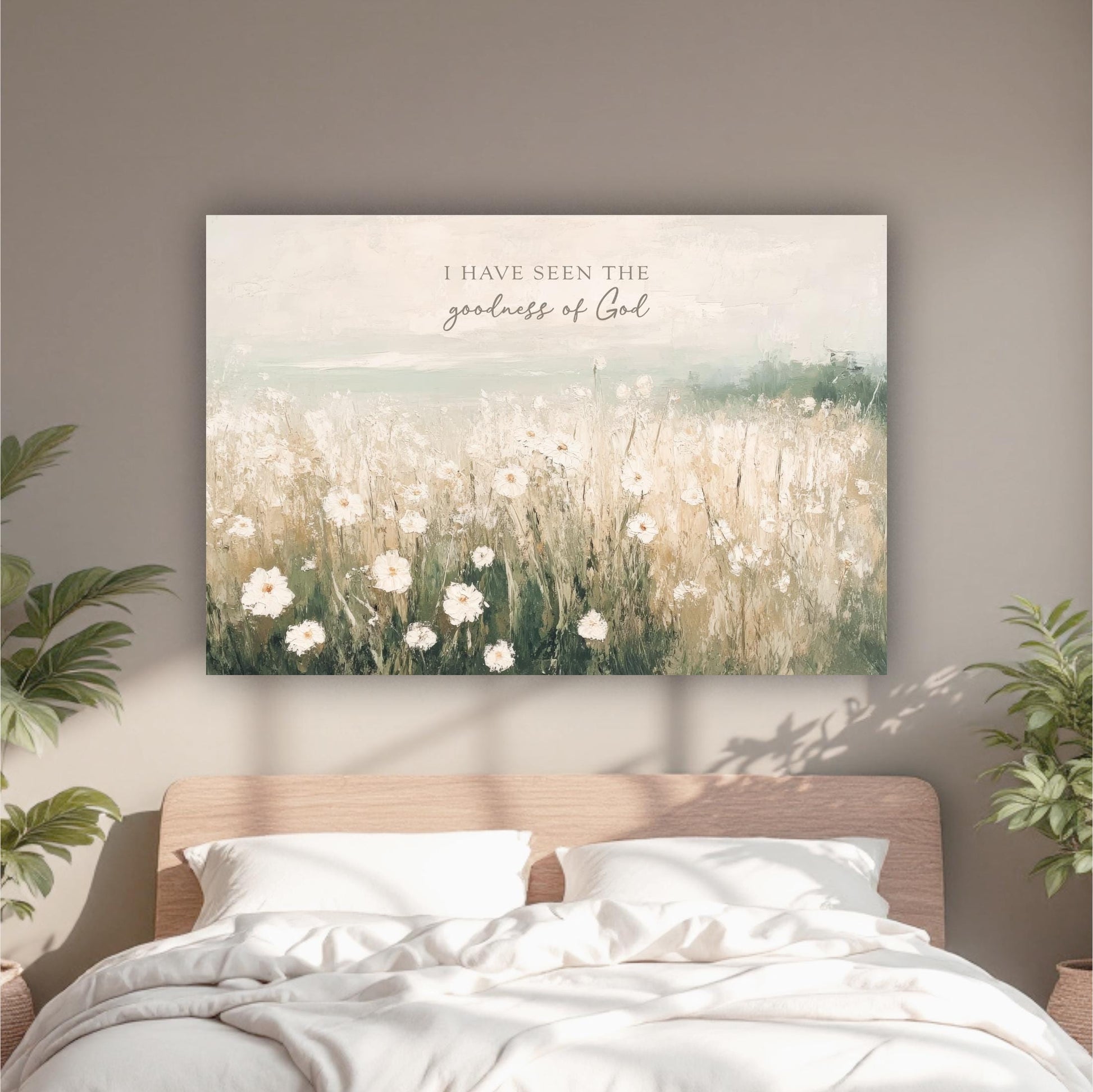 a bedroom with a bed and a painting on the wall