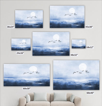 a collection of seven different-sized paintings or prints of a serene landscape, depicting a calm body of water with a full moon and birds flying over it. The paintings vary in size, ranging from 36x24 inches to 48x32 inches, and are arranged in a grid-like pattern on the wall.